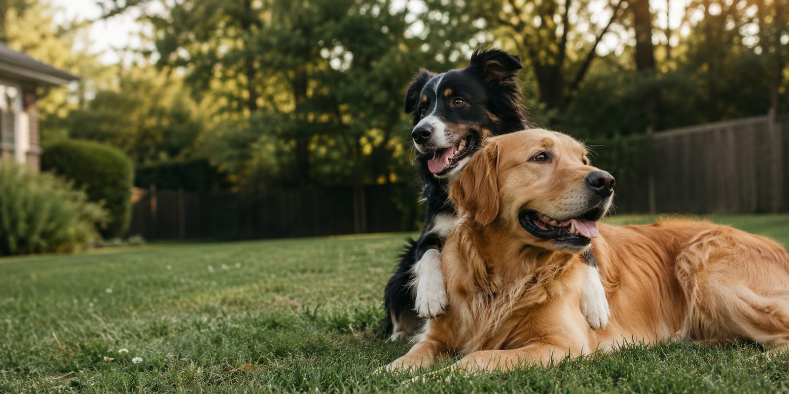A golden retriever and a border collie resting together in a sunny backyard